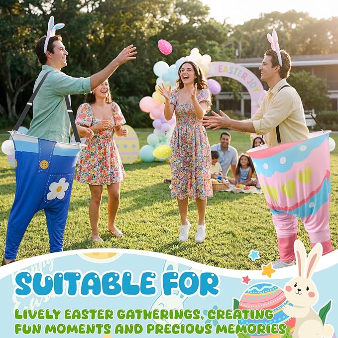 2 Sets Easter Granny Pants Outdoor Games, Giant Granny Cute Pants with Egg Balls & Bunny Ear Headbands, Funny Spring Yard Tossing Game for Adults Family Party Gathering (Cute Style)