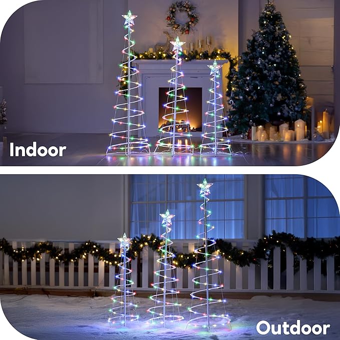 JOIEDOMI 3 Pack Spiral Christmas Tree Lights, 218 LED Outdoor Lighted Tree with Star Topper & Stakes, Christmas Decorations for Yard Porch Patio Garden Holiday Xmas Eve Night Décor, Multicolor