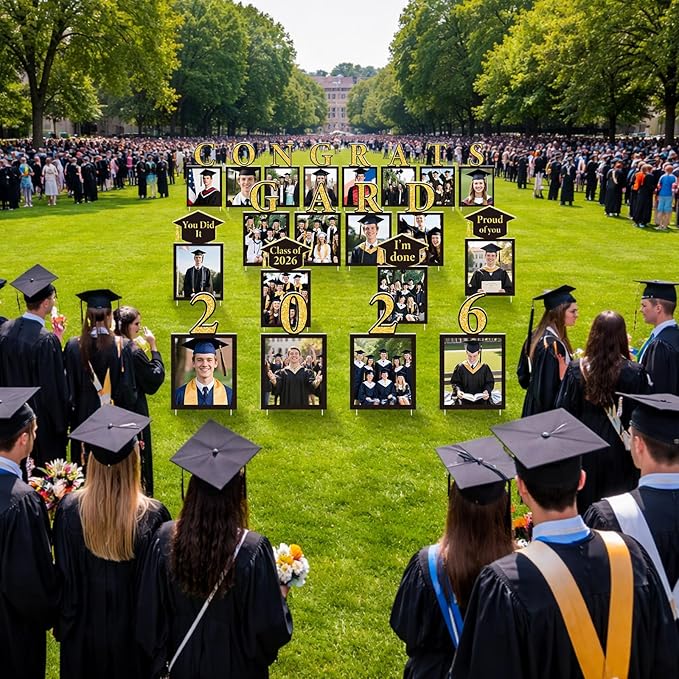 Qunclay 20 Pcs Graduation Photo Yard Sign 2026 Congrats Grad Decorations 13 x 8 Inches Class of 2026 Display Photo Yard Sign with Stakes Outdoor Graduation Pictures Display for College High School