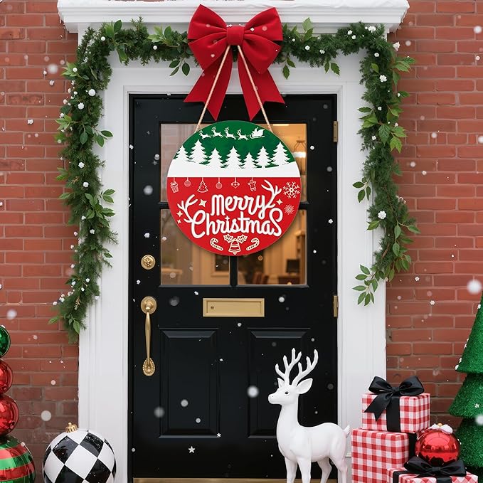 OHOME Christmas Decorations Outdoor - Christmas Wreaths for Front Door | Rustic Round Wood Welcome Sign,Xmas Garland - Navidad Party Decor Favors Supplies for Door Wall Room Porch Kitchen