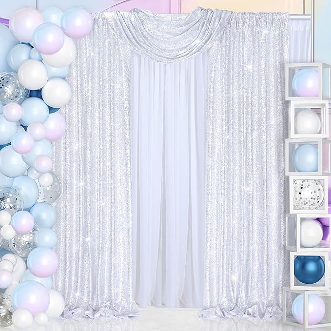 B-COOL 6 Panels Sequin Backdrop Curtains 2ftx8ft Laser Silver Sparkly Backdrop Fabric for Party Birthday Ceremony Stage Backgroumd Decorations