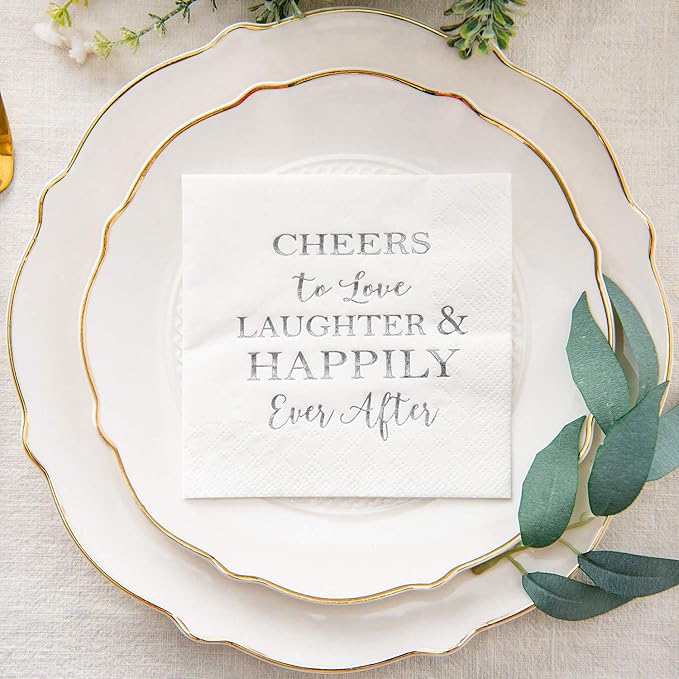 Crisky 3-Ply 50 Count Bridal Shower Napkins Disposable Cocktail Napkins Silver Foil Text Beverage Desert Cake Napkins for Engagement Party Decorations & Wedding Shower, Rehearsal Dinners Napkins