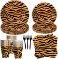 Tiger Print Birthday Plates And Napkins Party Supplies, Safari Jungle Animal Tiger Texture Print Party Decorations Tableware, Plate, Cup, Napkin, Fork | Serves 24