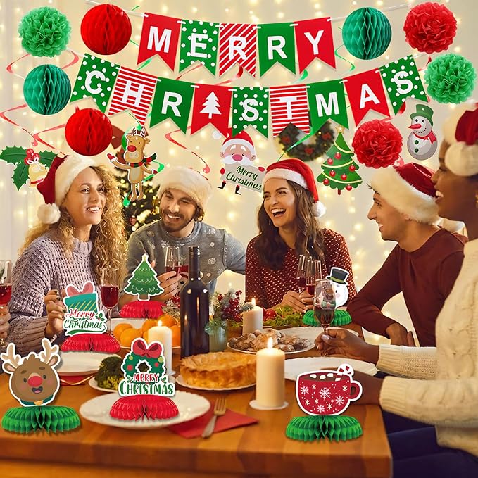 Merry Christmas Party Decoration Banner Set Paper Fan Flower Xmas Bunting ,Swirls Streamers Christmas Tree Xmas Stocking Santa Table Decorations