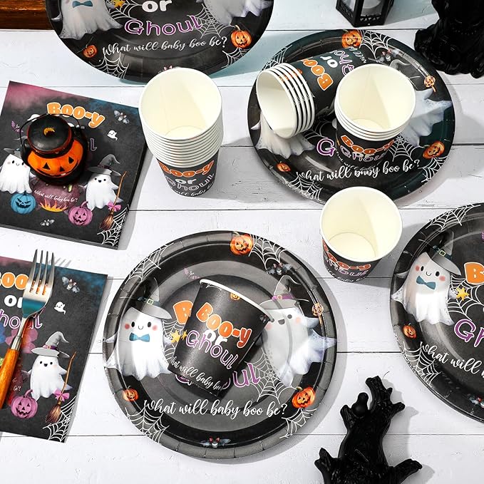 Hushee 200 Pcs Halloween Baby Shower Paper Plates Cups Napkins Party Supplies Halloween Booy or Ghoul Gender Reveal Party Decoration Disposable Tableware Set