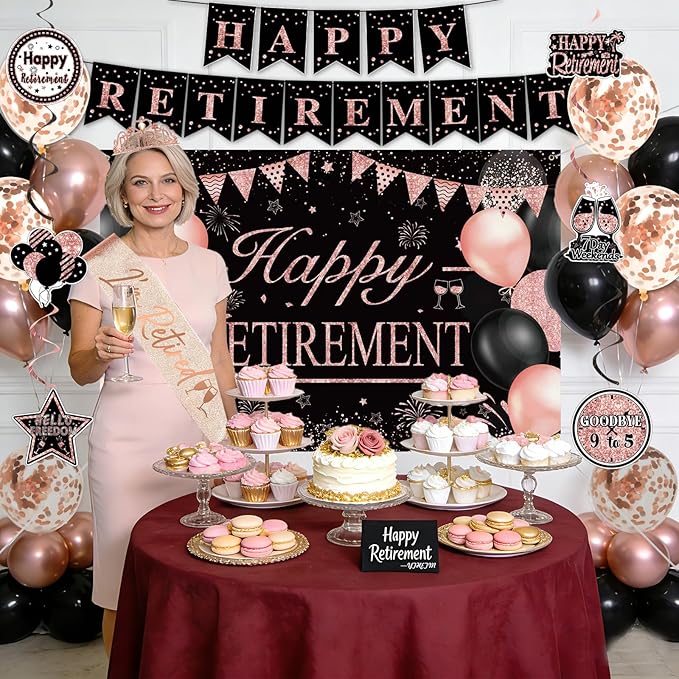 Retirement Party Decorations for Women Rose Gold Retirement Crown and Sash Happy Retirement Banner Backdrop Balloons Paper Fans Hanging Swirl Set