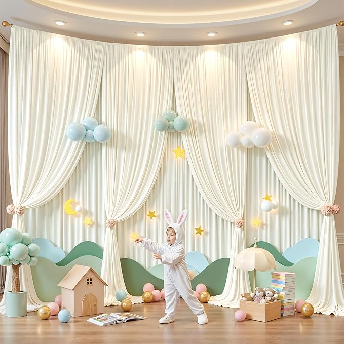 16x10FT Cream White Backdrop Curtain for Wedding Parties, Wrinkle Free Polyester Photography Backdrop Drapes for Wedding Baby Shower Birthday Parties Stage Background Stand Decorations 4x10ft,4 Panels
