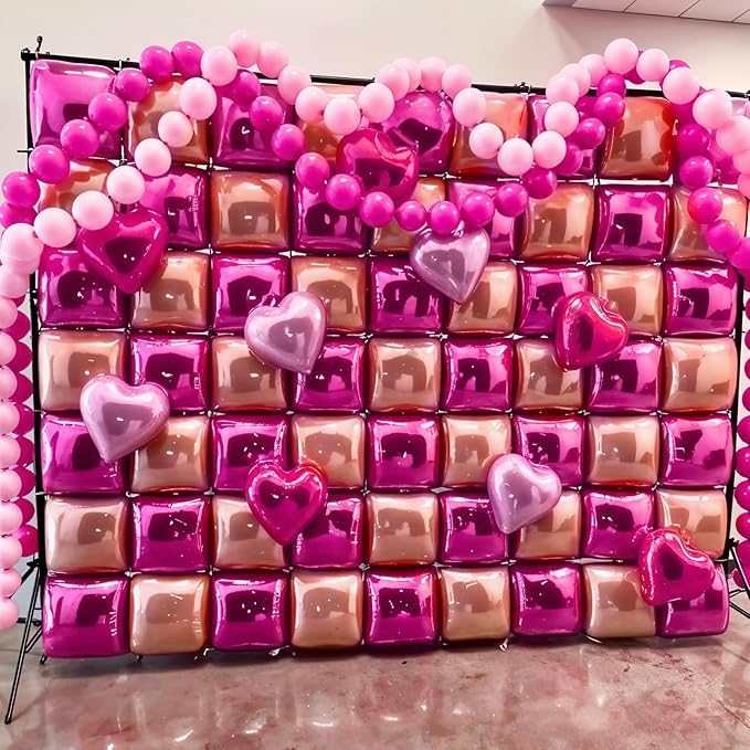 Hot Pink Rose Gold Square Foil Balloons Wall, 25PCS Double Sided Chrome Deep Pink Rose Balloons Tunnel Arch Kit Backdrop for Girls Birthday Party Bridal Shower Wedding Engagements Decorations