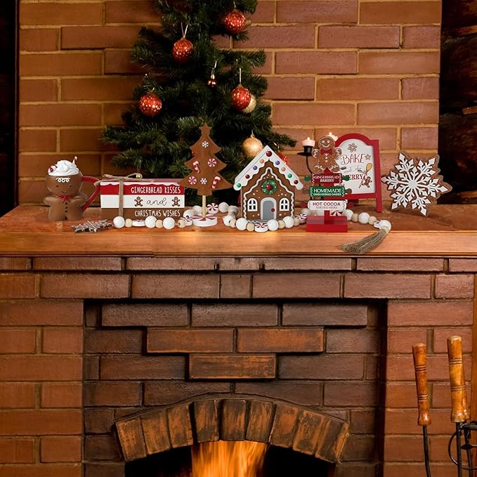 Gingerbread Christmas Decorations 8 PCS Tiered Tray Decor Set, Cute Tabletop Christmas Decor for Home Shelf Mantel Fireplace Office Desk Coffee Bar Xmas Table Centerpieces Tray Objects Holiday Baking