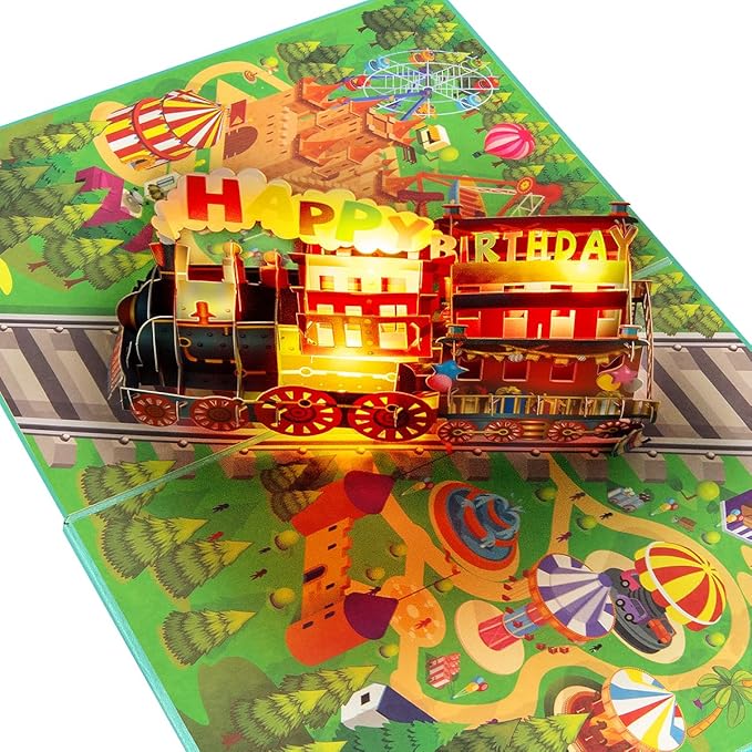 Musical Train Birthday Cards, 3D Lights and Music Happy Birthday Card, Pop Up Birthday Card, Funny Train Birthday Gift, for Son Daughter Boys Girls Nephews Nieces Friends.