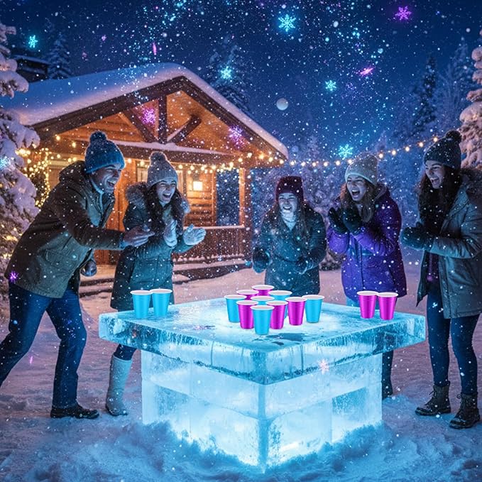 32 Pcs Winter Game Set Include 16oz Purple Blue Plastic Cups with 8 Balls, Cups for Party Decor Juice Beverage Outdoor Toss Veterans Day Supplies