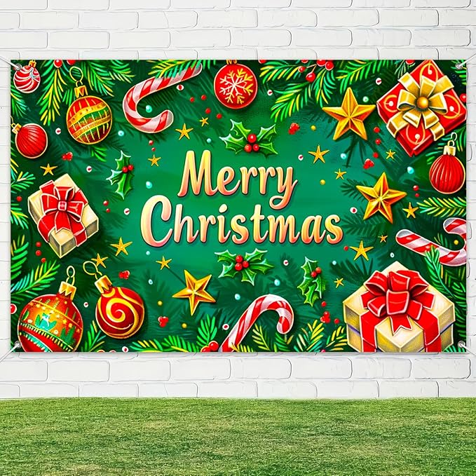 Christmas Banner Merry Christmas Decoration Green Red Holiday Wall Backdrop Festive Ornaments Gift Candy Cane Tree Decor for Home Office Party Indoor Outdoor 71 X 43 Inches