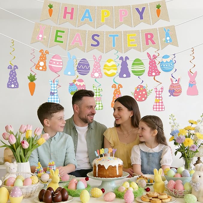 Happy Easter Banner Decorations - 13 Pcs Colorful Pre-strung Bunny Egg Banners Garland Hanging Swirls Set Spring Party Supplies Favors for Home Office Inside Fireplace Wall Ceiling Decor