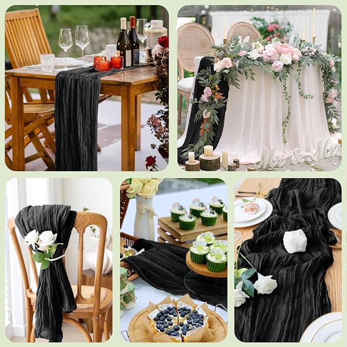 Wokceer Cheesecloth Table Runner Christmas 6Pack 10FT Black Boho Gauze Cheese Cloth Table Runner for Party Long Rustic Sheer Table Runners for Baby Bridal Shower Wedding Easter Table Decor