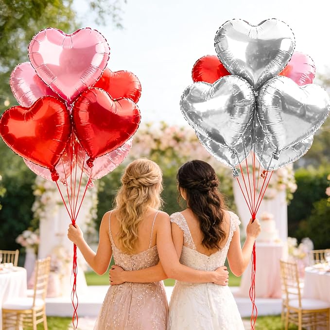 12 Pcs Pink and Red Heart Foil Balloons for Valentines Day Decorations, 18 Inch Romantic Love Valentine Heart Balloons for Galentines Day Decorations Wedding Marriage Birthday Bridal Shower Party