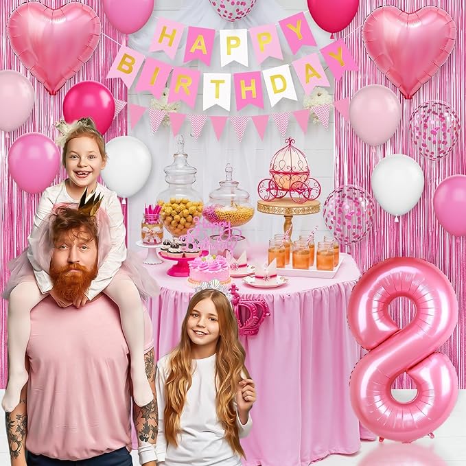 8th Birthday Decorations for Girls: Hot Pink Balloons, Happy Birthday Banner, Fringe Curtain, Cake Topper, Heart Balloons