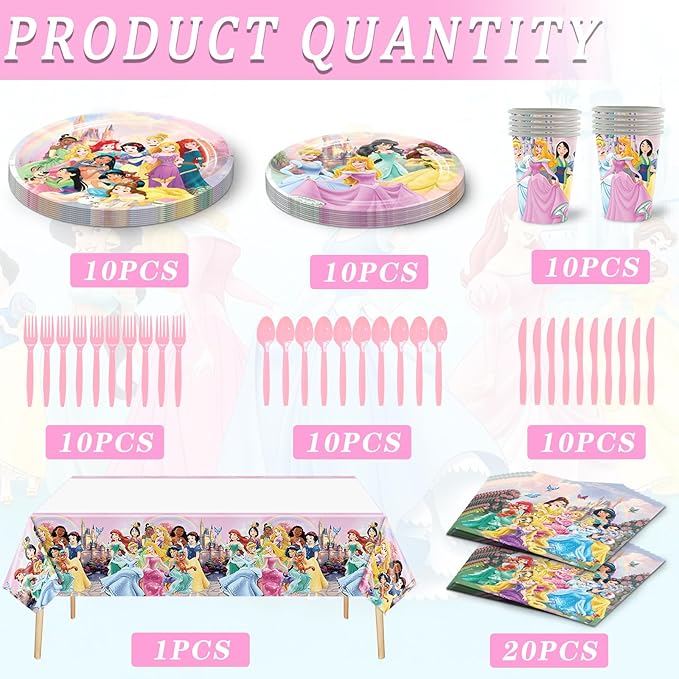 81 PCS Princess Birthday Party Supplies, Princess Tableware Set Includes 20 PCS Plates, 20 PCS Napkins, 10 PCS Paper Cups, 1 PCS Tablecloth and 10 PCS Plastic Knives/Spoon/Forks for Party Decorations