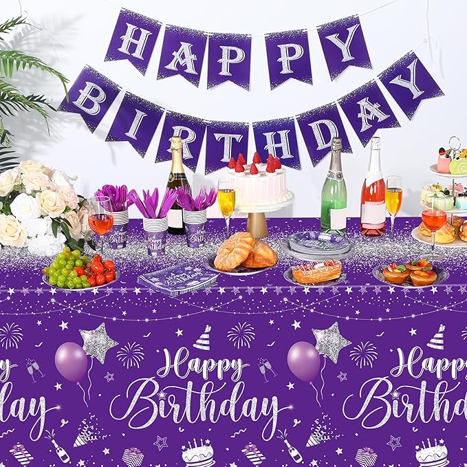 Vesici 171 Pcs Happy Birthday Party Supplies 24 Set Disposable Party Tableware include Plates Cups Napkins Cutlery and Banner Tablecloth Birthday Dinner Decorations for Men Woman(Purple, Silver)