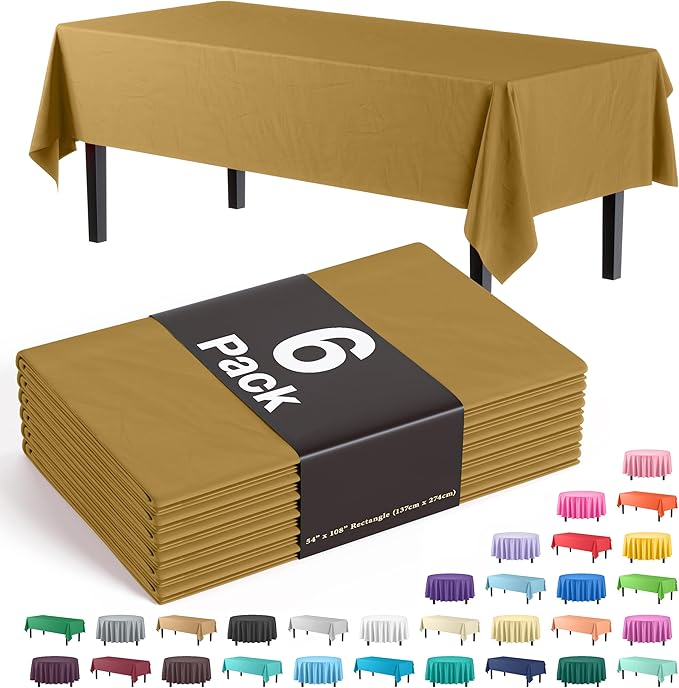 Exquisite Party Solids 6-Pack Premium Plastic Tablecloth 54in. x 108in. Rectangle Plastic Table Cover - Gold