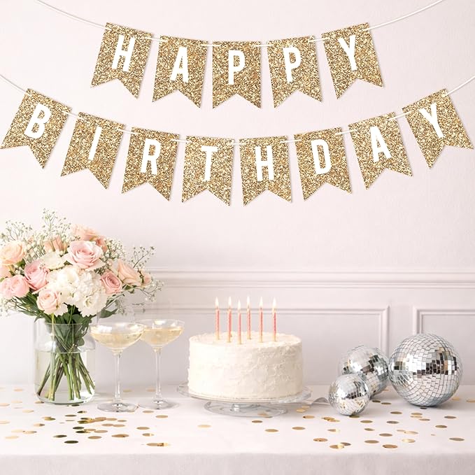 Pre-strung Happy Birthday Banner - No DIY - Gold Glitter Birthday Party Banner - Pre-strung Garland on 6 ft Strands - Gold Bday Party Decorations & Decor. Did We Mention No DIY