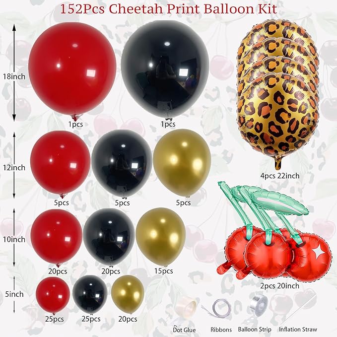 152PCS Cheetah Balloon Arch Garland Kit with Black Red Gold Leopard Print Cherry Balloons for Cheetah Birthday Decorations, Leopard Party Decor, Cherry Theme, Girls Night, Bachelorette