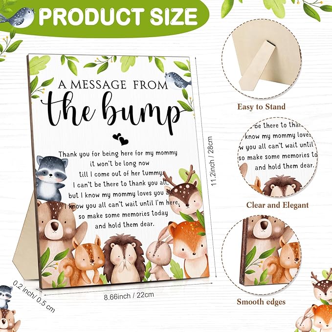 Roowest Cool Baby Shower Tabletop Decoration a Message from the Bump Wooden Baby Shower Games Sign Greenery Cute Gender Reveal Party Thank You Sign, 11.2 x 8.66 Inches(Woodland)