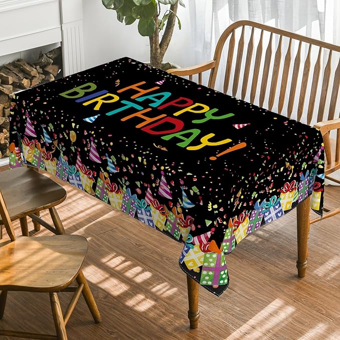 Horaldaily Birthday Tablecloth 60x84 Inch Rectangular, Happy Birthday Ballon Black Washable Seasonal Table Cover for Party Picnic Dinner Decor