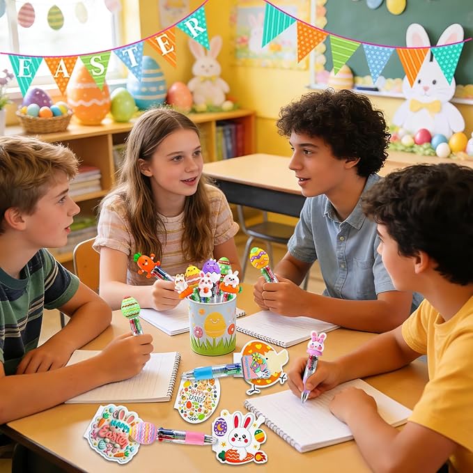 24 Pack Easter Party Favors Classroom Gifts Set with Classic Spring Designs for Teens, Easter Goodie Bags with Notebooks Pens Stickers Tattoos Scratch Art for Classroom Gifts Basket Stuffers