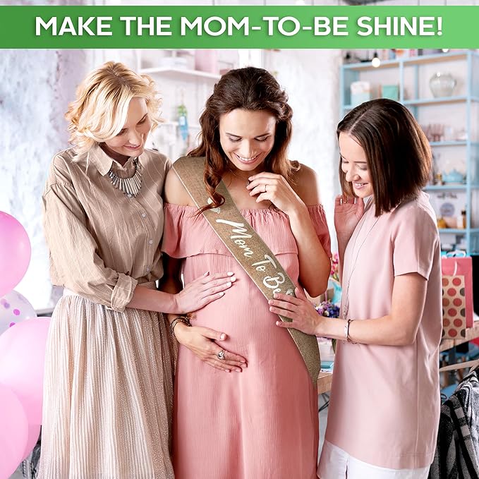 Mom to Be Sash Baby Shower - Stylish Baby Shower Sash & Dad to Be Pin, Elegant Boho Style, Tear & Stain Resistant Burlap & Adjustable Pin - Universal Accessories for Boy & Girl Gender Reveal Parties