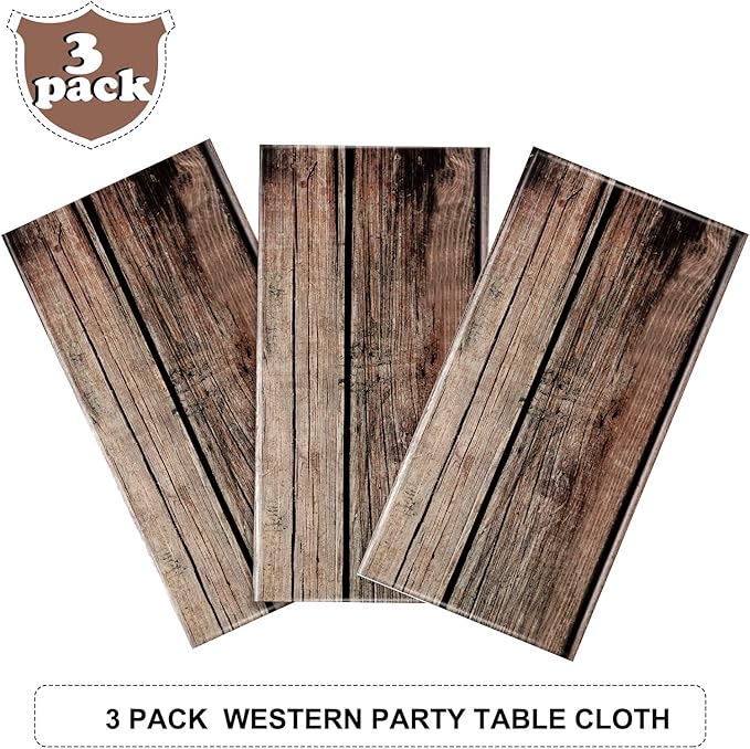 Tiamon 3 Pcs Western Party Tablecloth Western Cowboy Party Table Cover Cowboy Theme Plastic Tablecloth Wild West Wood Grain Table Cover for Birthday Baby Shower Decor (54 x 108 Inch)