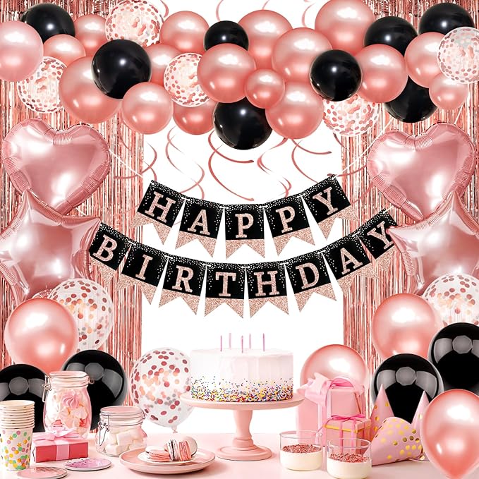 Rose Gold Black Birthday Decorations, Happy Birthday Banner, Confetti Balloons, Fringe Curtain, Heart Star Foil Balloons, Hanging Swirls for Women Girls Princess Party Decorations