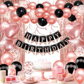 Rose Gold Black Birthday Decorations, Happy Birthday Banner, Confetti Balloons, Fringe Curtain, Heart Star Foil Balloons, Hanging Swirls for Women Girls Princess Party Decorations
