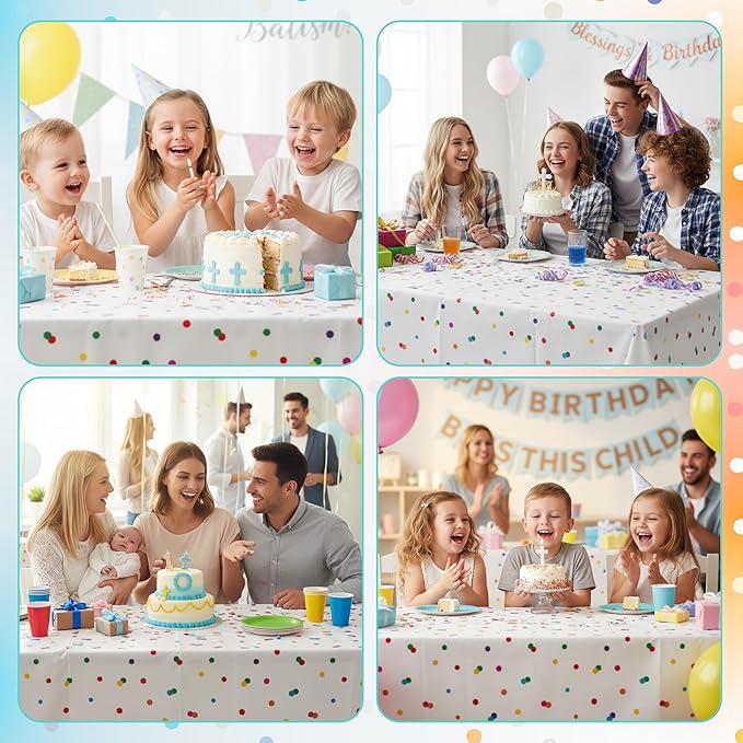 K1tpde Colorful Rainbow Party Tablecloth - 3PCS Colorful Dot White Plastic Tablecloth, Multicolor Dot Birthday Disposable Tablecover, Rainbow Dots Party Supply for 1st Baby Shower Birthday Decorations