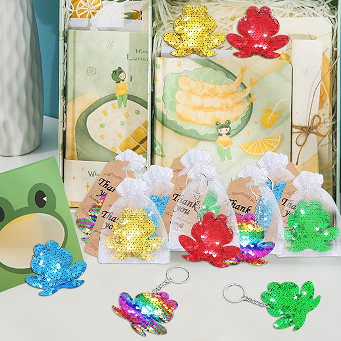 CiciBear 25 Pack Frog Sequin Keychains for Green Frog Girls Baby Shower First Birthday Reptile Camping Themed Party Favors, Kids and Adults Birthday Gift, Baby Shower, Party, 5 Colors