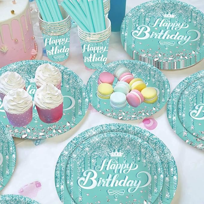 Teal and Silver Party Tableware - Complete Pack for Birthday, Baby Shower Party Including Plates, Cups, Napkins, Straws