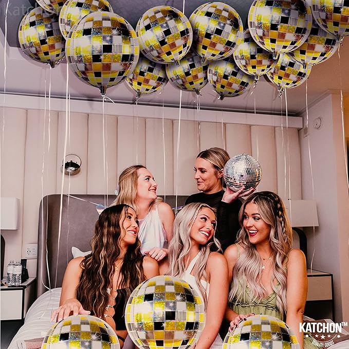 KatchOn, Shiny Disco Ball Balloons - Big 22 Inch, Pack of 12 | Foil Black and Silver Disco Balloons for Disco Ball Decor | Black and Gold Graduation Decorations 2025 | Bachelorette Party Decorations