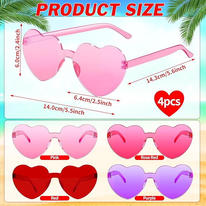 2/4/8/12/20 Pairs Heart Shaped Sunglasses Transparent Heart Glasses Rimless Trendy Eyewear for Valentines Party Favor