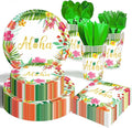 Hawaiian Luau Party Decorations Supplies - 350 PCS Aloha Tropical Birthday Party Decorations Disposable Dinnerware Set (50 Guest) With Paper Plates Napkin Cup for Summer Beach Themed Pool