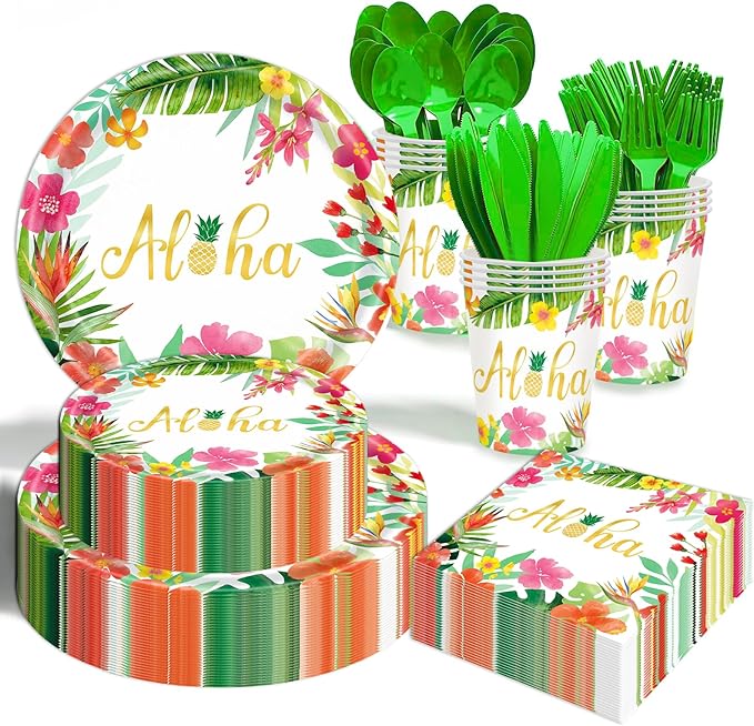 Hawaiian Luau Party Decorations Supplies - 350 PCS Aloha Tropical Birthday Party Decorations Disposable Dinnerware Set (50 Guest) With Paper Plates Napkin Cup for Summer Beach Themed Pool