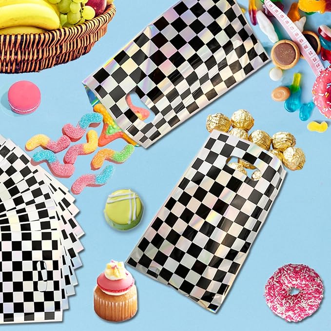 OasiZephauride 30PCS Race Car Party Favors Bags,Iridescent Black and White Party Goodie bags,Checkered Gift Bags with Handles for Kids Birthday Candy Treat Bags, Car Themed Party Supplies