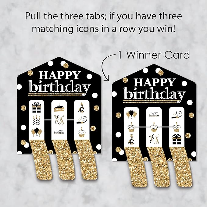 Big Dot of Happiness Adult Happy Birthday - Gold - Birthday Party Game Pickle Cards - Pull Tabs 3-in-a-Row - Set of 12