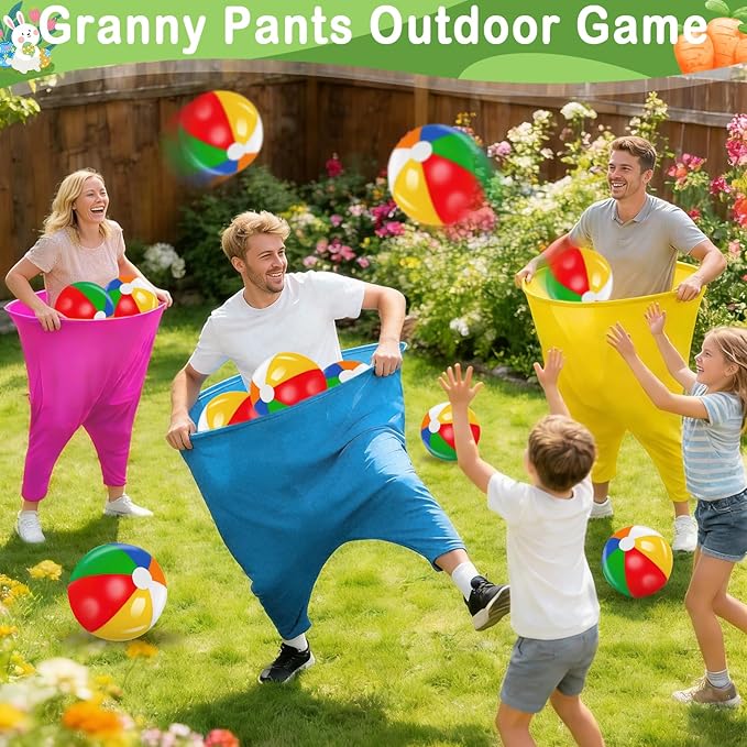 11 PCS Granny Pants Yard Game Easter Games Set, Oversized Blue & Yellow Pants With 8 Colorful Bouncy Balls & 1 Air Pump, Outdoor Tossing Games For Adults Family Easter Carnival Party Reunion Gathering