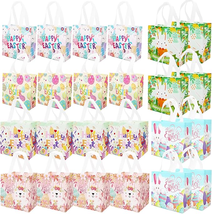 Aviski 24PCS Happy Easter Egg Hunt Bags, Assorted Sizes, Easter Bunny Carrot Chick Egg Treat Bag with Handles, Non-Woven Gifts Wrapping, Egg Hunt, Spring Party Supplies