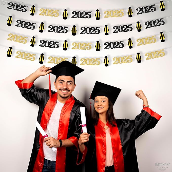 KatchOn, Black and Gold Grad Garland 2025-10 Feet, No DIY | Grad Garland Class of 2025 | Graduation Decorations 2025 | Grad Cap Decor for Graduation Decorations 2025