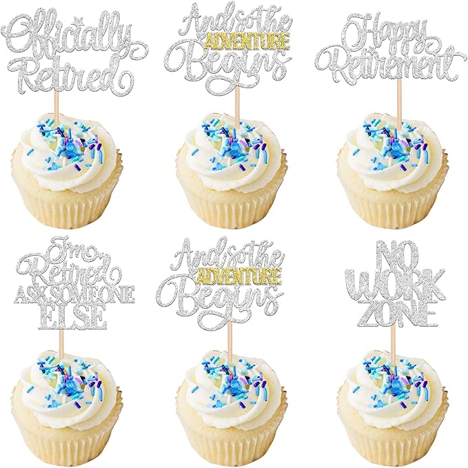 30 PCS Happy Retirement Cupcake Toppers Officially Retired No Work Zone Adventure Begins Cupcake Picks for Retirement Theme Farewell Birthday Party Cake Decorations Supplies Silver