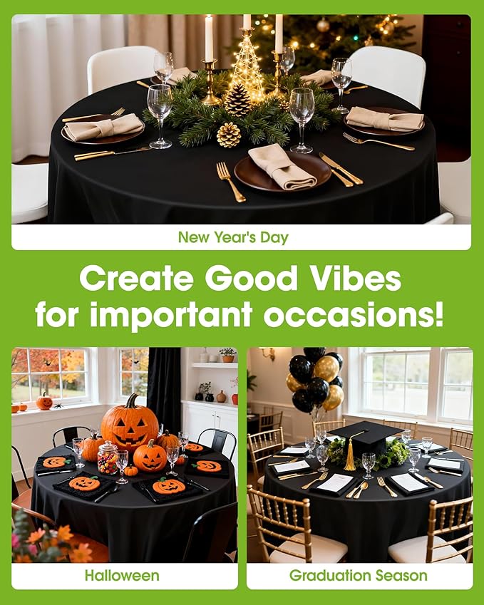 Pureegg Plastic Table Cloth Disposable 10 Pack, 84'' Round Table Cloths, Halloween Party Decorations, Summerween Decor, Halloween Tablecloths, Round, Plastic Cover, Leakproof & Sturdy, Black