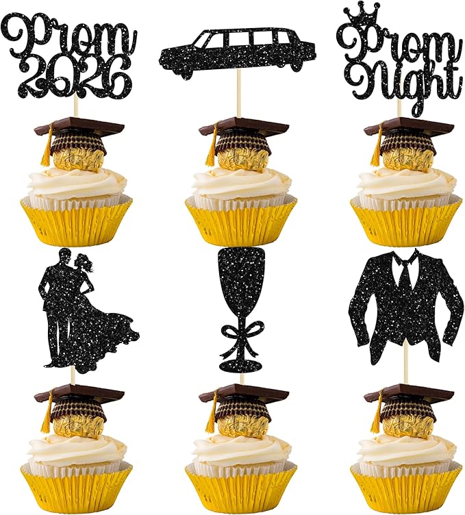 Gyufise 24Pcs Prom Cupcake Topper Prom Decorations for Party 2026 Graduation Cupcake Topper 2026 Graduation Decorations Black