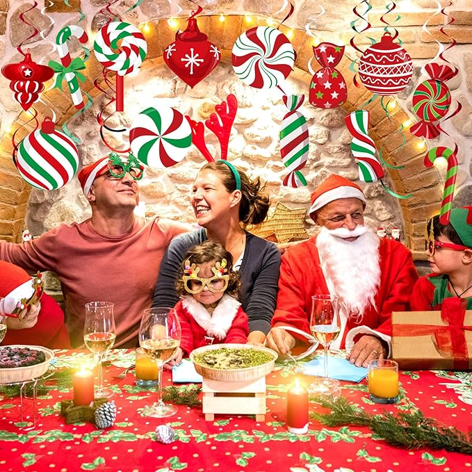 Funrous 56 Pcs Christmas Peppermint Candy Hanging Swirls Decorations Red and White Holiday Party Streamers for Home Winter Holiday Christmas Party Decor(Red White Green)