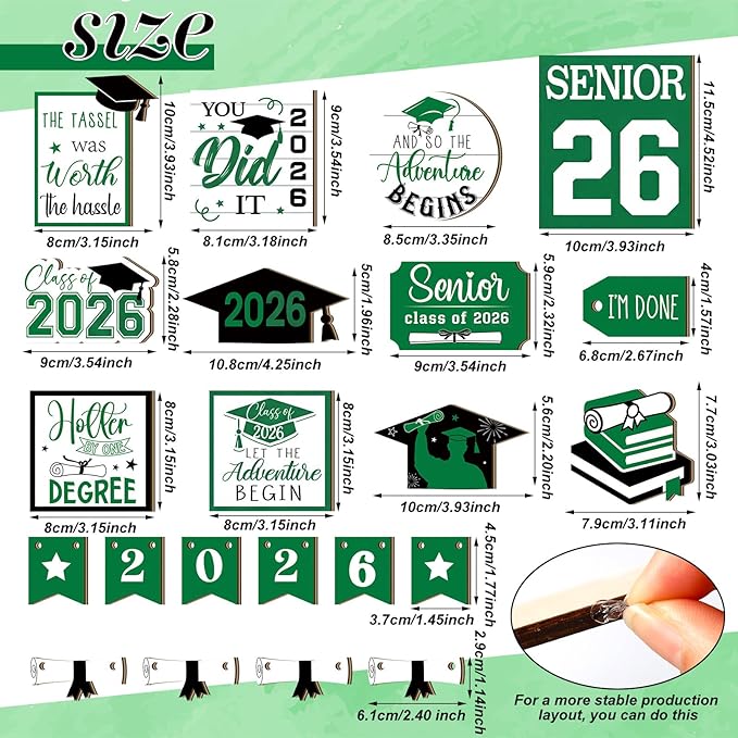 22 Pcs 2026 Graduation Tiered Tray Decor Sets Wooden Graduation Class of 2026 Table Decorations Senior 2026 Gown Diploma Farmhouse Signs for Home Shelf Party Office Desk(Green)