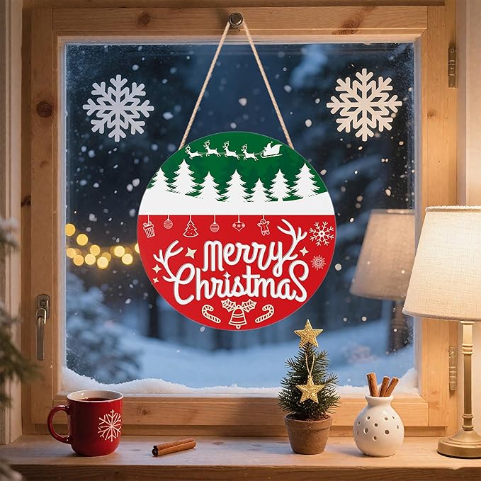 OHOME Christmas Decorations Outdoor - Christmas Wreaths for Front Door | Rustic Round Wood Welcome Sign,Xmas Garland - Navidad Party Decor Favors Supplies for Door Wall Room Porch Kitchen
